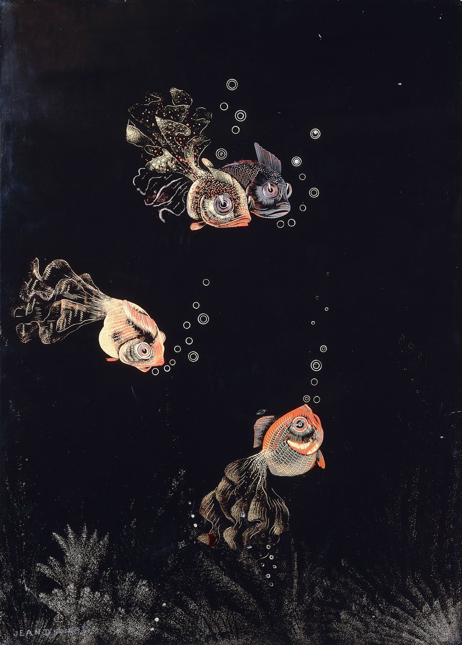 Ein lackiertes Panel von Jean Dunand, das eine Unterwasserszene mit roten und goldenen Fischen zeigt, die Luftblasen blasen von Jean Dunand