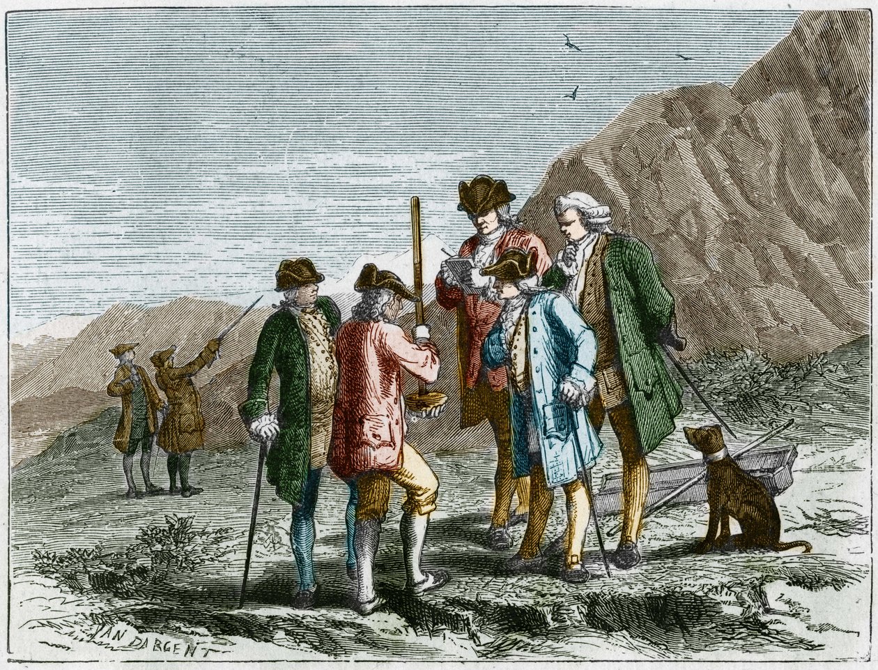 Florin Perier misst die Höhe des Barometers (Quecksilberrohr) von Evangelista Torricelli oder Toricelli während des Experiments zur Schwerkraft der Luft von Blaise Pascal, auf dem Gipfel des Puy de Dome (1648). Gravur von Yan Dargent. von Jean Edouard Dargent
