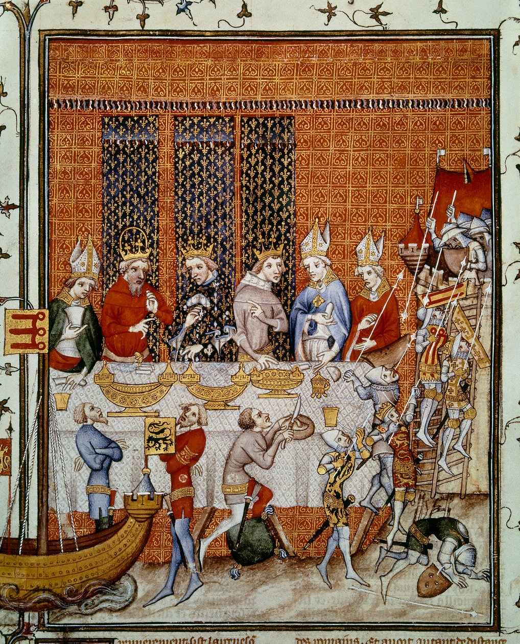 Bankett von König Karl V. von Frankreich im Palast der Cité zu Ehren von Kaiser Karl IV. und Wenzel IV., König von Böhmen. Miniatur aus „Große Chroniken von Frankreich“ von Jean Fouquet, Paris, B.N. von Jean Fouquet