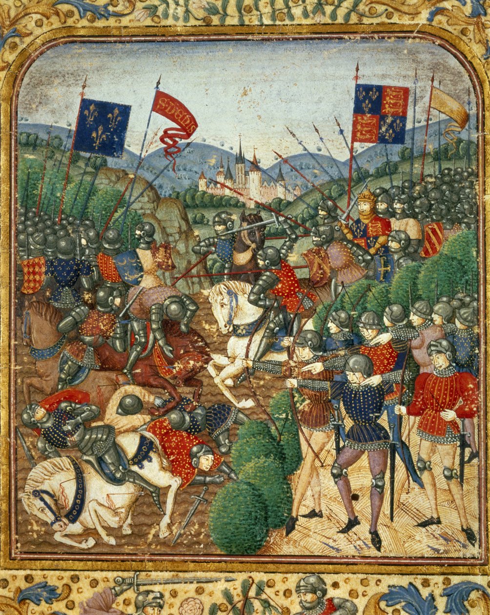 Schlacht von Azincourt (1415). Während des Hundertjährigen Krieges besiegte Heinrich V. von England die französische Armagnacs-Partei - in „Grandes Chroniques de France“ von Jean Fouquet, um 1467 - 1476. Victoria & Albert Library von Jean Fouquet
