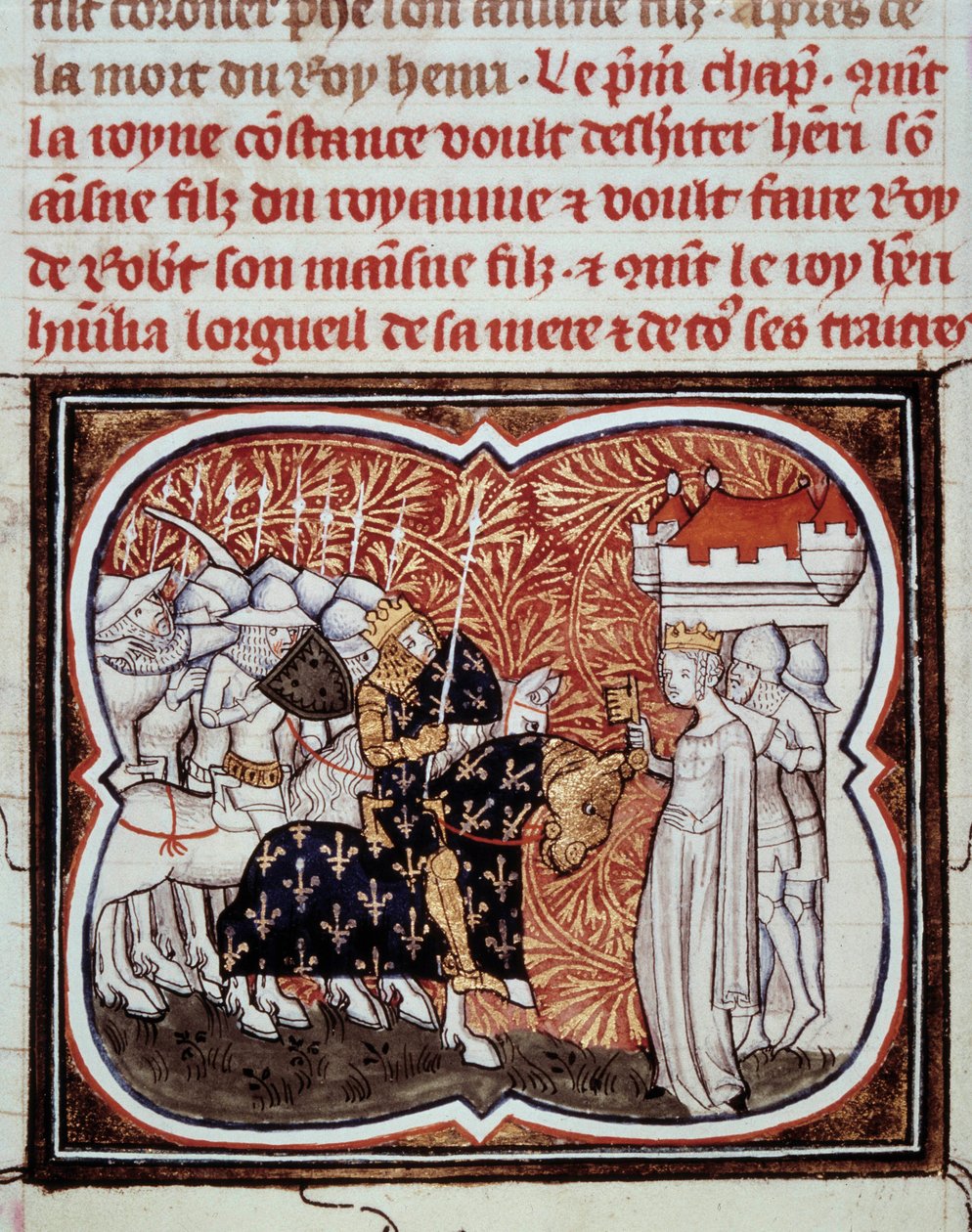 Königin Konstanze von Arles (986-1032) ergibt sich ihrem Sohn Heinrich I., König von Frankreich (1008-1060). Miniatur aus „Les grandes Chroniques de France“ von Jean Fouquet (1420-1481) 15. Jahrhundert Paris, BN von Jean Fouquet