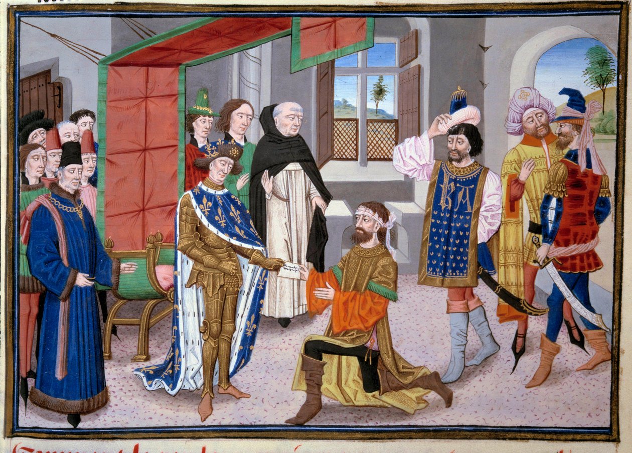 Siebte Kreuzzug: König von Frankreich Saint Louis (oder Louis IX) (1214-1270) in Nikosia auf Zypern um 1245. Miniatur aus den „Großen Chroniken“ von Jean Fouquet (1420-1481). Paris, Bibliothek des Arsenal von Jean Fouquet