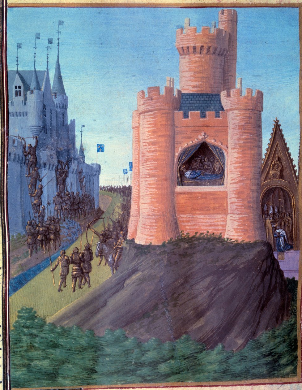 Belagerung von Avignon (1226). Tod von Ludwig VIII. Krönung von Ludwig IX. Miniatur in den „Grandes Chroniques de France“ (251v) von Jean Fouquet von Jean Fouquet