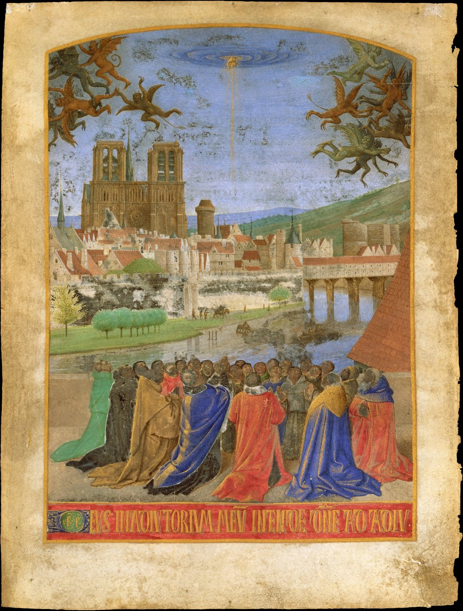 Die rechte Hand Gottes, die die Gläubigen vor den Dämonen schützt von Jean Fouquet