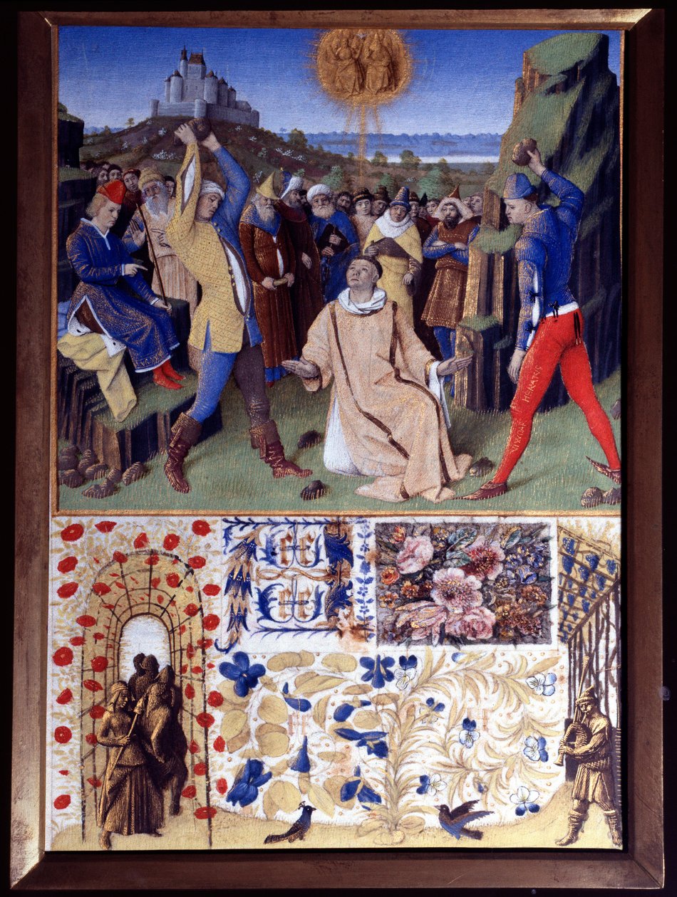Das Martyrium des heiligen Stephanus durch Steinigung. Miniatur aus „Das Stundenbuch des Étienne Chevalier“ von Jean Fouquet (1420-1477/1481) von Jean Fouquet