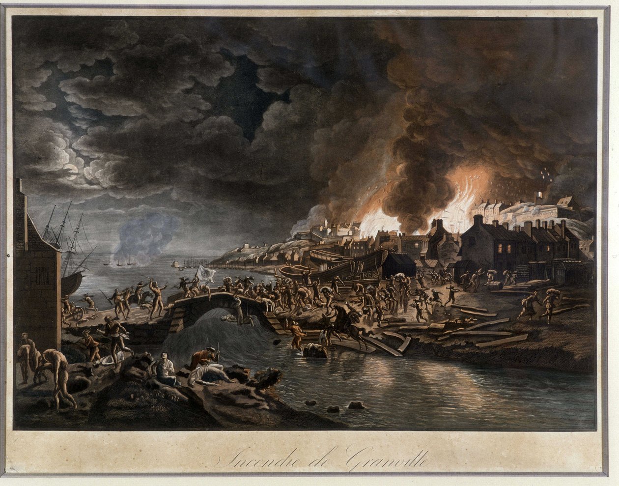 Granville in Flammen belagert von den Vendéens, basierend auf einem Gemälde von J. François Hue, ca. 1800. von Jean Francois Hue