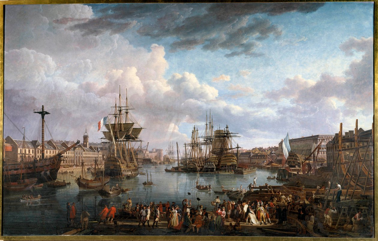 Ansicht des Hafens von Brest im 18. Jahrhundert. Gemälde von Jean-Francois Hue (1751-1823) 18. Jahrhundert von Jean Francois Hue