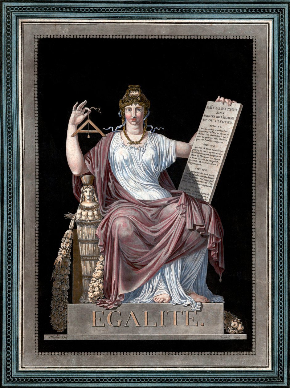 Gleichheit - Gravur von Jean François (Jean-François) Janinet (1752-1814) - Allegorie der Gleichheit, die die Erklärung der Menschenrechte hält. 1793 von Jean Francois Janinet