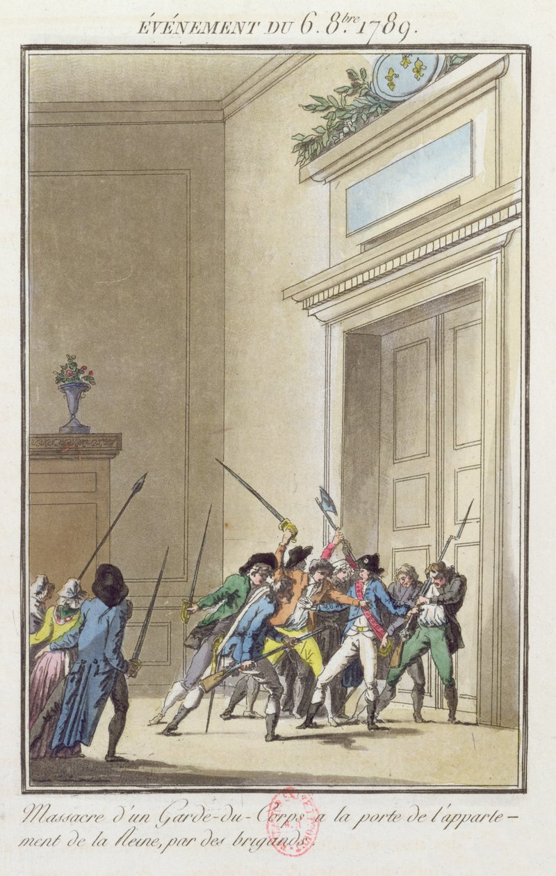 Mob von Parisern greift die Wache am Eingang zu den Gemächern der Königin in Versailles an und tötet sie, 6. Oktober 1789 von Jean Francois Janinet