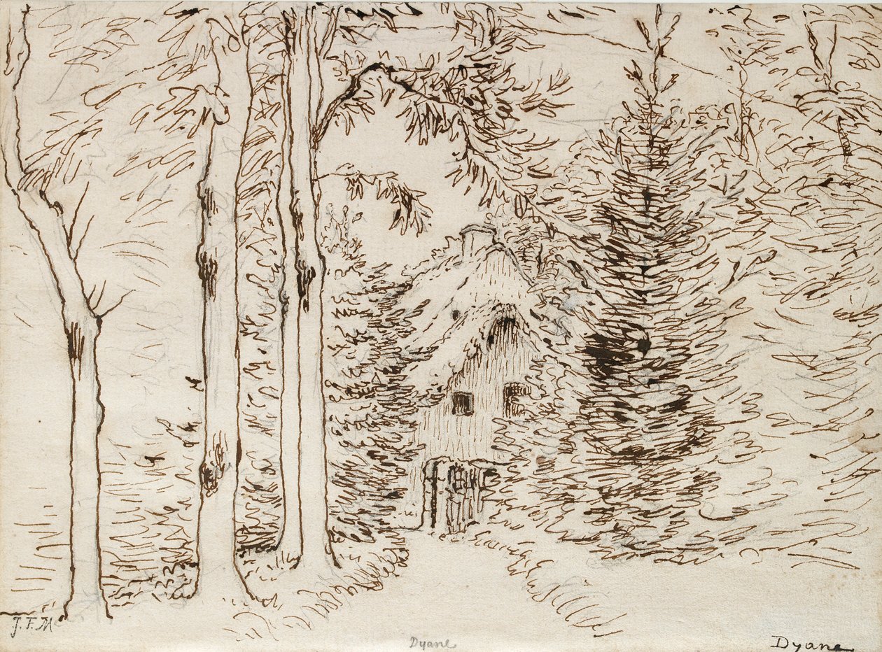 Pfad durch den Wald zu einem strohgedeckten Haus von Jean Francois Millet