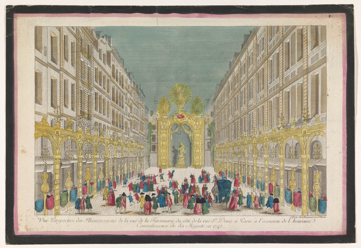 Ansicht der Dekoration der Rue de la Feronnerie in Paris anlässlich der Genesung von Ludwig XV., König von Frankreich, im Jahr 1745 von Jean François Daumont