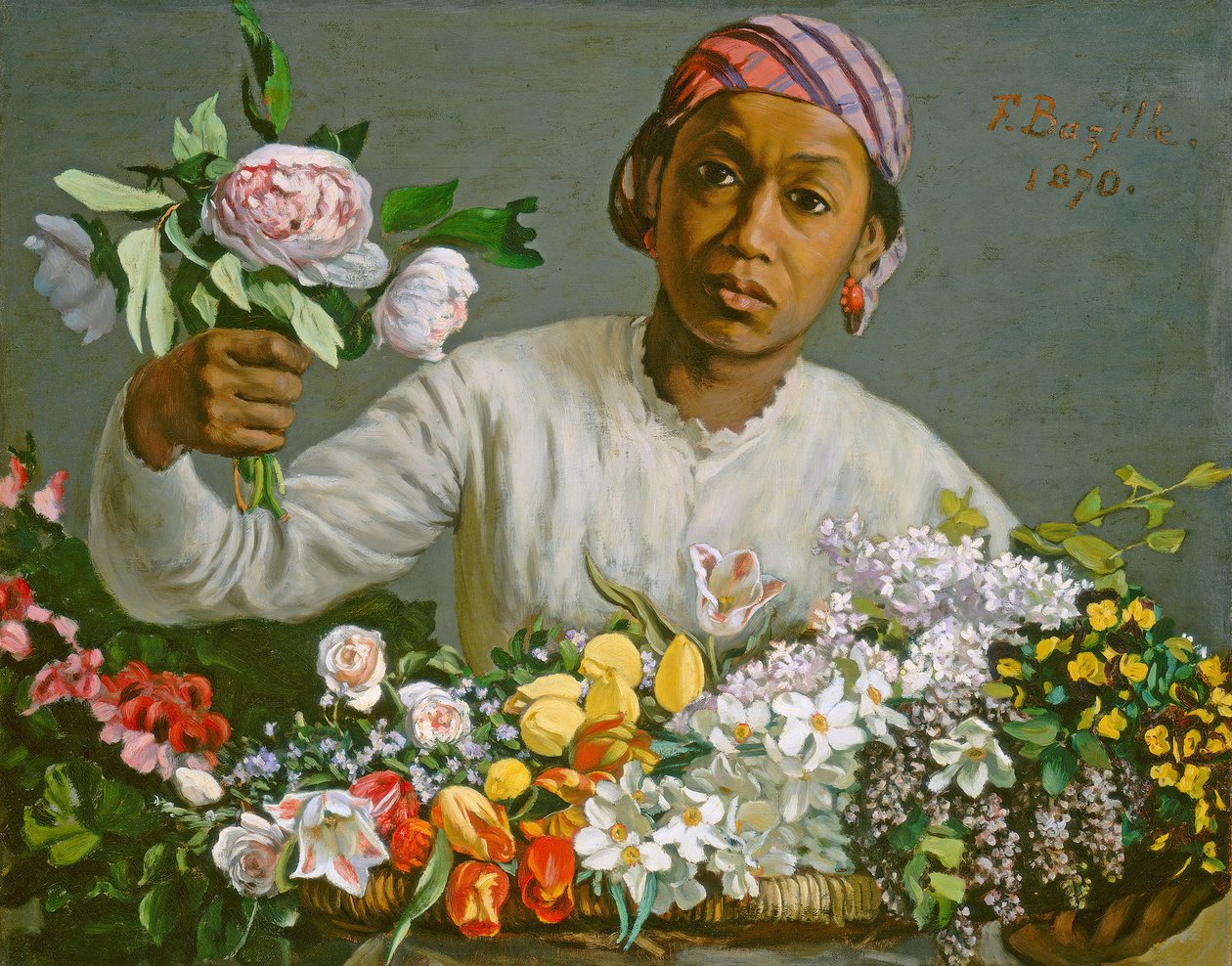 Junge Frau mit Pfingstrosen, 1870 von Jean Frederic Bazille