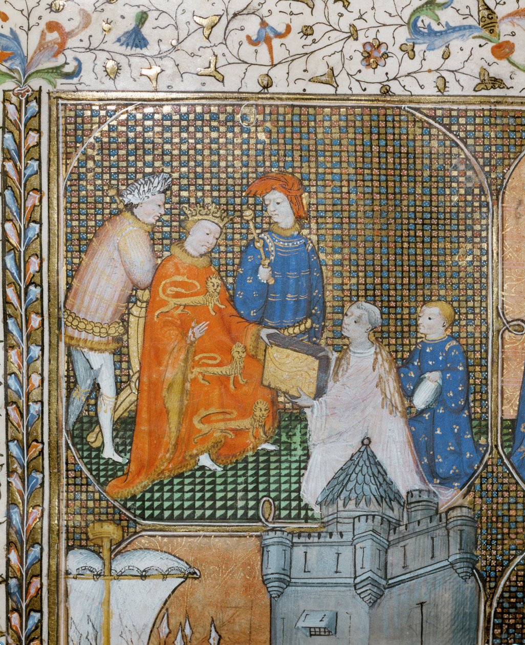 Historiker Froissart auf den Knien, in geistlicher Kleidung, präsentiert seine Chroniken des Hundertjährigen Krieges an Edward III von Jean Froissart