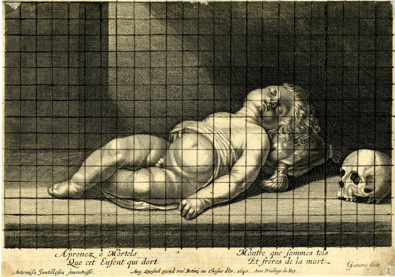 Jean Ganière - Kind schläft mit dem Kopf auf einem Kissen; Schädel rechts. 1640 von Jean Ganière