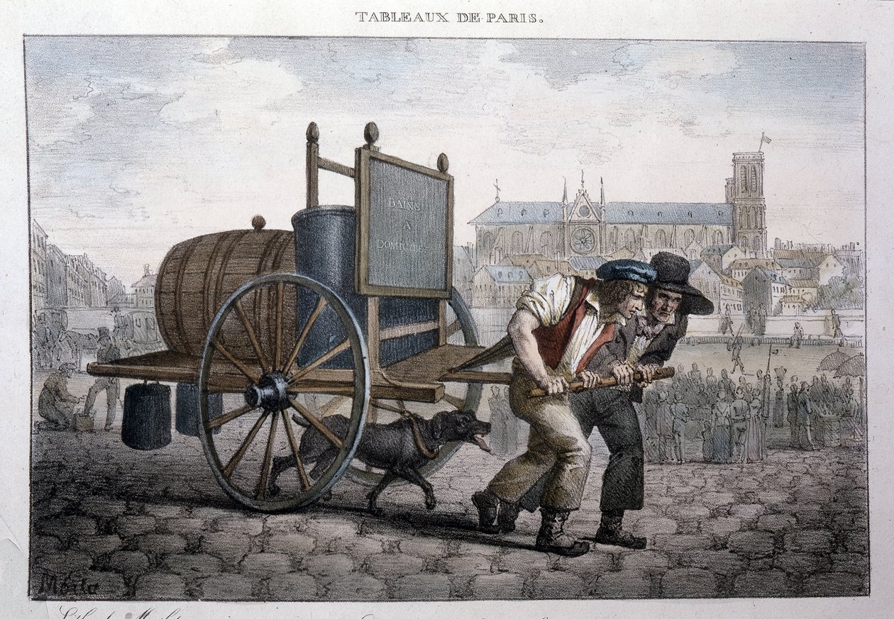 Ehemaliger Straßenberuf in Paris: Bad zu Hause (zwei Männer ziehen einen Wagen mit einem Fass voller Wasser). Gravur von Jean Henry Marlet (1771-1847) in „Les Tableaux de Paris“, Serie von 72 Drucken, späte 19. Jahrhundert. von Jean Henri Marlet
