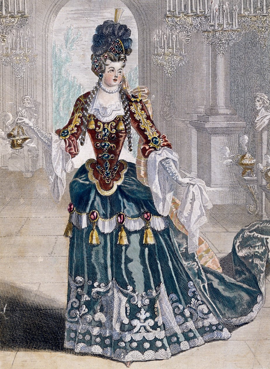 Porträt von Mademoiselle Desmatins (1682-1708), Musikerin an der Oper, Gravur von Jean Berain von Jean I  Berain