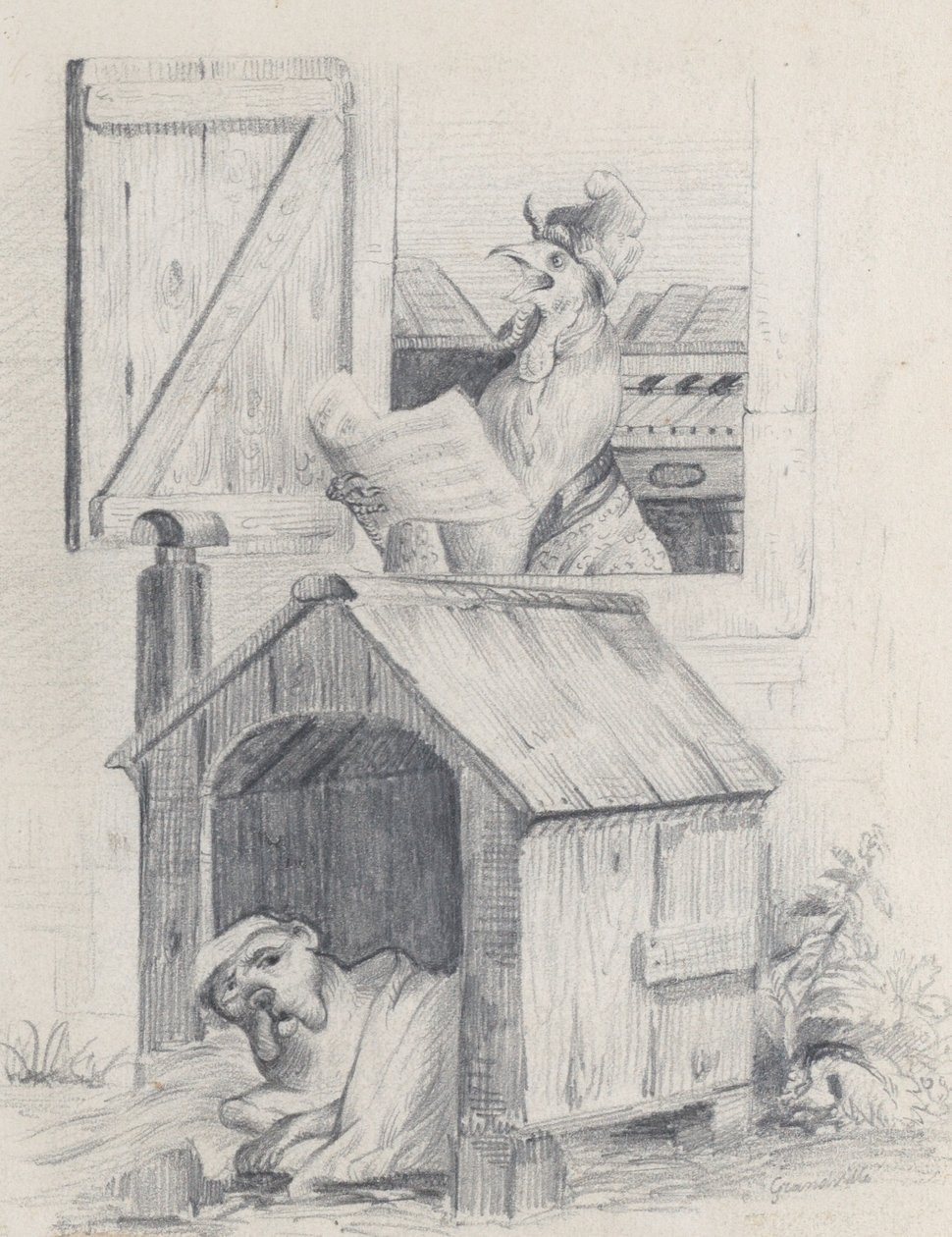 Hund im Hundehäuschen, Hahn singt am Fenster, ca. 1842 von Jean Ignace Isidore Gérard