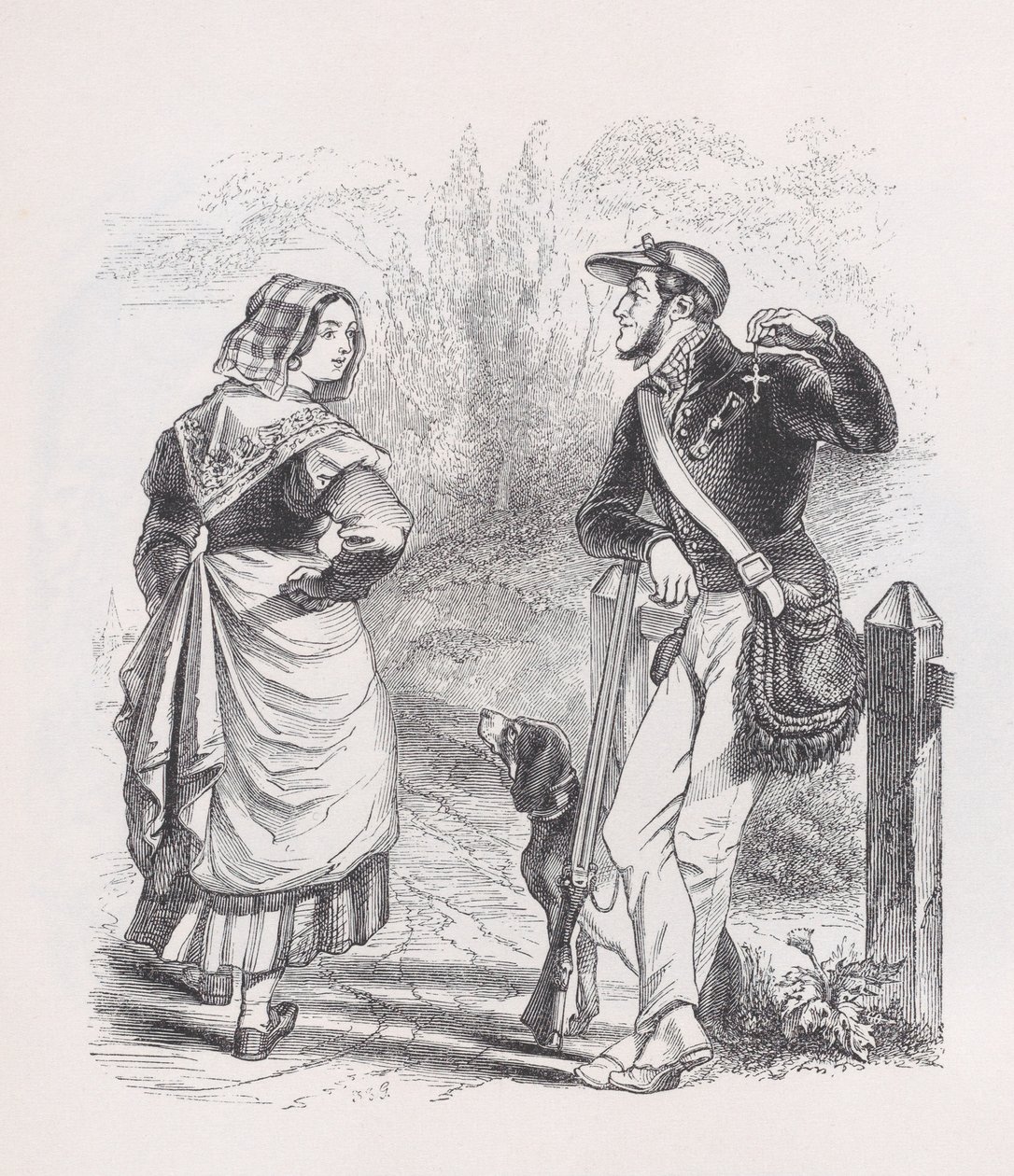 Der Jäger und die Milchmagd aus Die vollständigen Werke von Béranger, 1836 von Jean Ignace Isidore Gérard