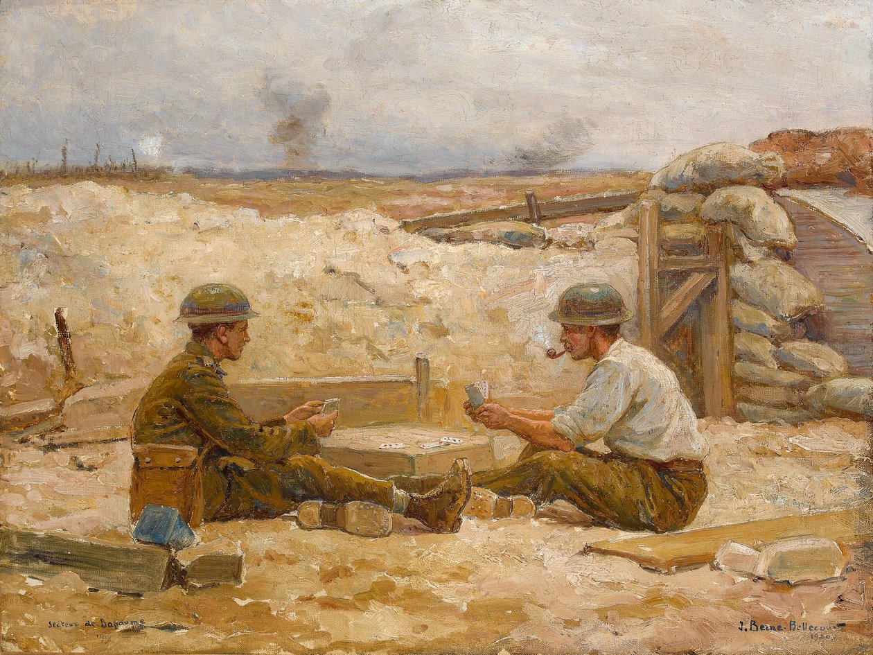 Zwei britische Offiziere spielen Karten vor ihrem Unterstand, Sektor de Bapaume, 1918-20 von Jean Jacques Berne Bellecour