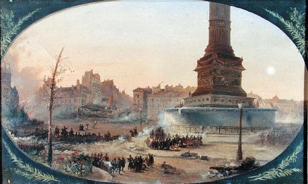 Ansicht des Place de la Bastille und der Barrikade am Faubourg Saint-Antoine, 25. Juni 1848 von Jean Jacques Champin