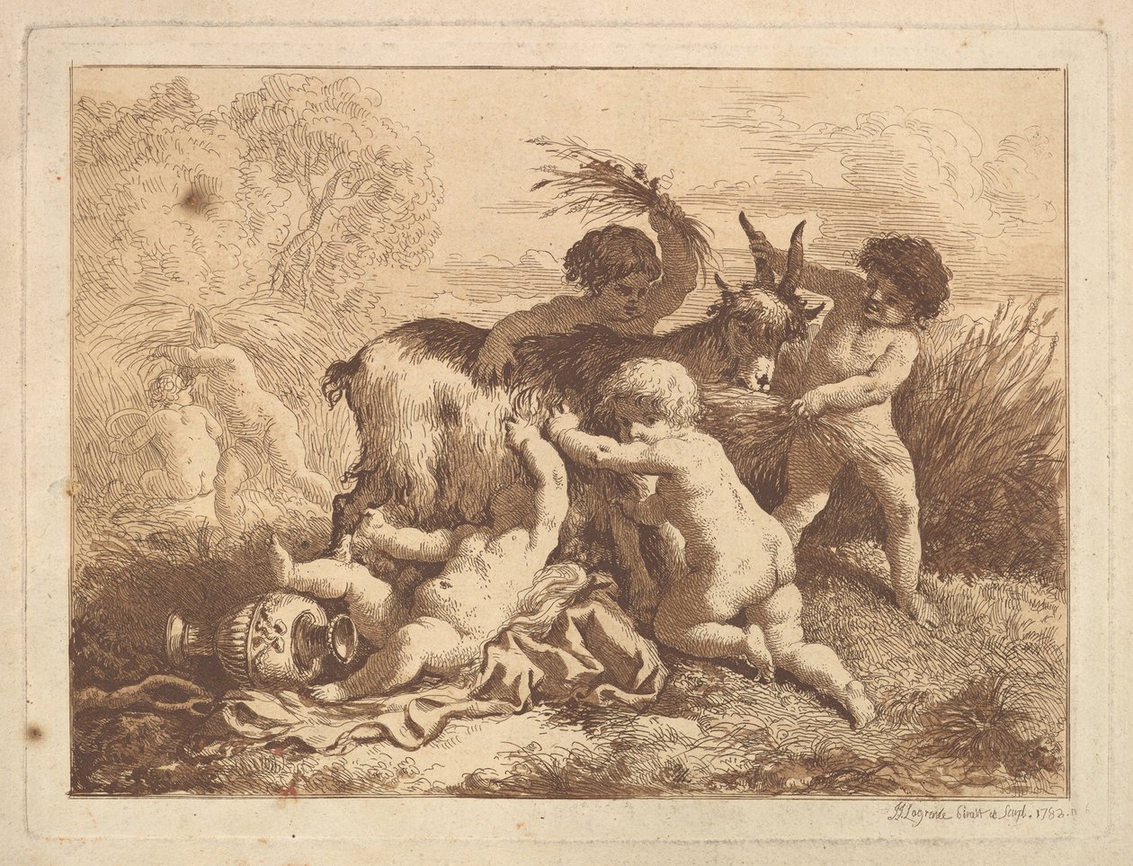 Die jungen Erntearbeiter und die Ziege, in einem Album enthalten, 1782 von Jean Jacques Lagrenee