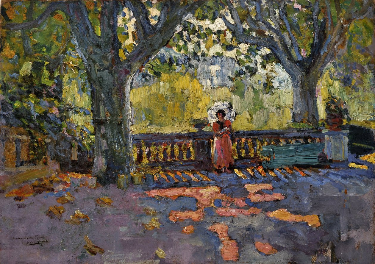 Junge Frau mit Regenschirm auf der schattigen Terrasse. Gemälde von Jean-Jacques Roque von Jean Jacques Roque