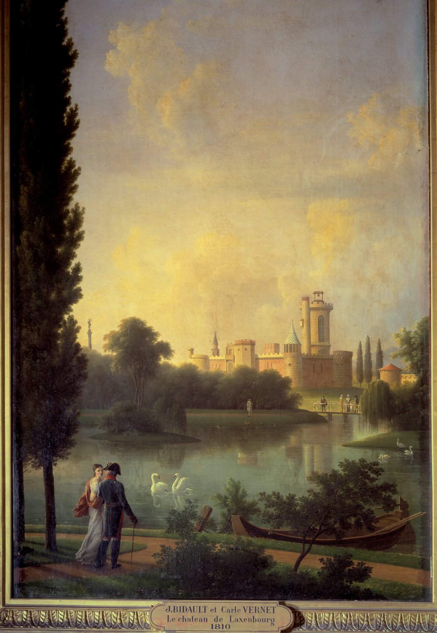 Das Schloss von Laxenburg (Österreich), im Vordergrund der Kaiser von Österreich und die Erzherzogin Marie Louise. Gemälde von Joseph Bidault (1758-1846) von Jean Joseph Bidault