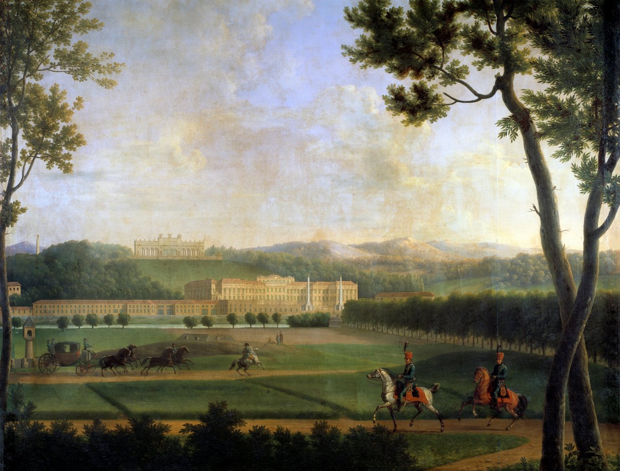 Ansicht des kaiserlichen Palastes von Schönbrunn, Wien, Österreich. Dies ist die Sommerresidenz der Habsburger, erbaut Ende des 17. Jahrhunderts von Johann Fischer von Erlach. Detail eines Gemäldes von Joseph Bidault (1758-1846) 1810 Paris, Musée Marmottan von Jean Joseph Bidault