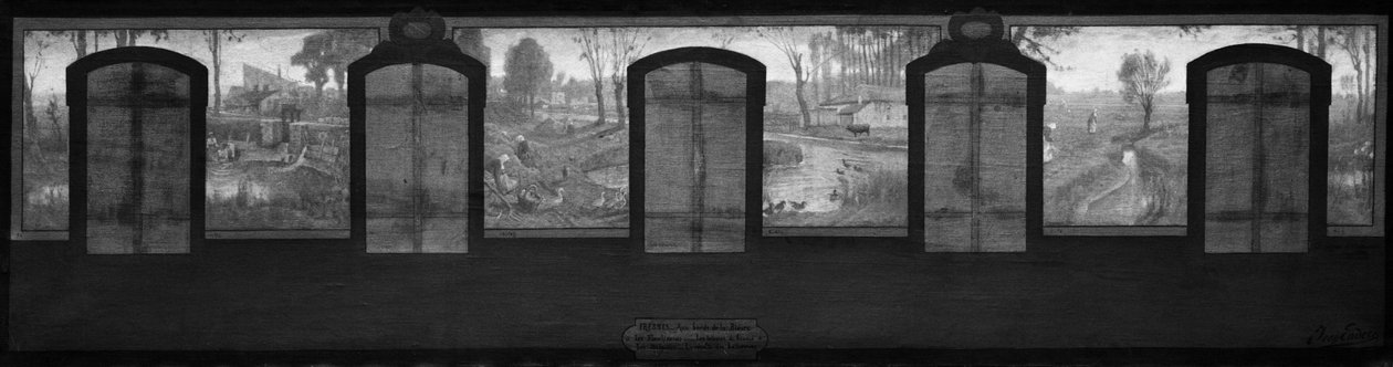 Skizze für das Rathaus von Fresnes: Die Ufer der Bièvre. Fresnes. An den Ufern der Bièvre. Die Wäscherinnen. Mehlsortierer. Die Pachtbetriebe. Die Rübenernte von Jean Joseph Enders