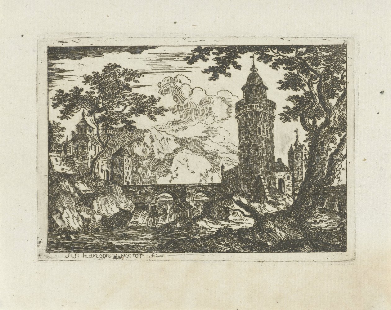 Turm und Steinbrücke in einer Berglandschaft von Jean Joseph Hanson