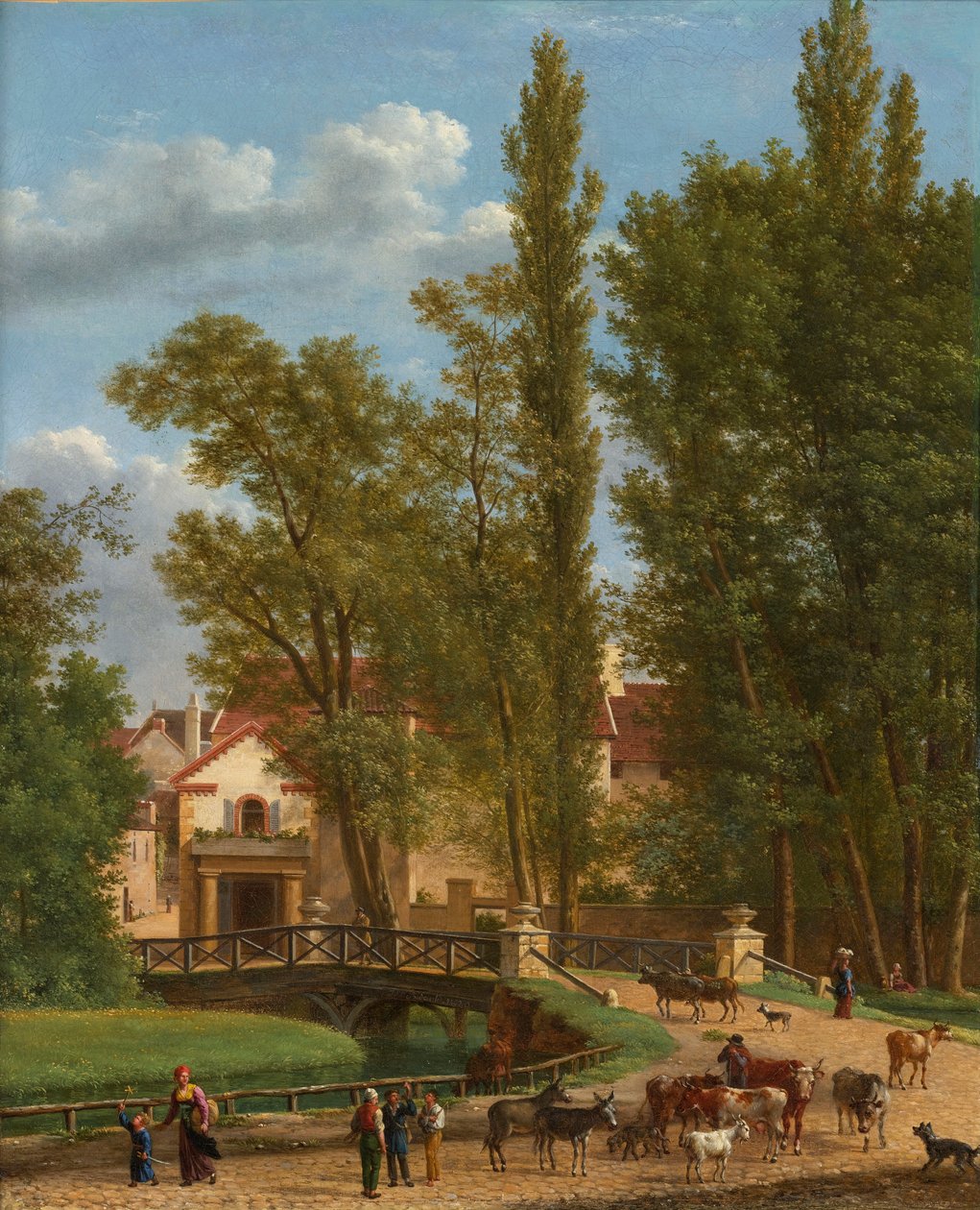 Dorfbewohner und Tiere in einer Landschaft neben einer Brücke am Dorfeingang von Jean Joseph Xavier Bidauld