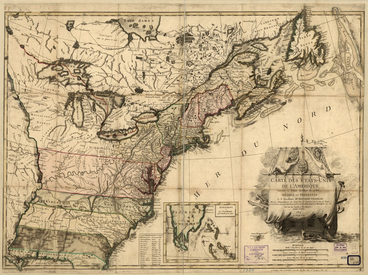 Karte der Vereinigten Staaten von Amerika nach dem Friedensvertrag von 1783 von Jean Lattré