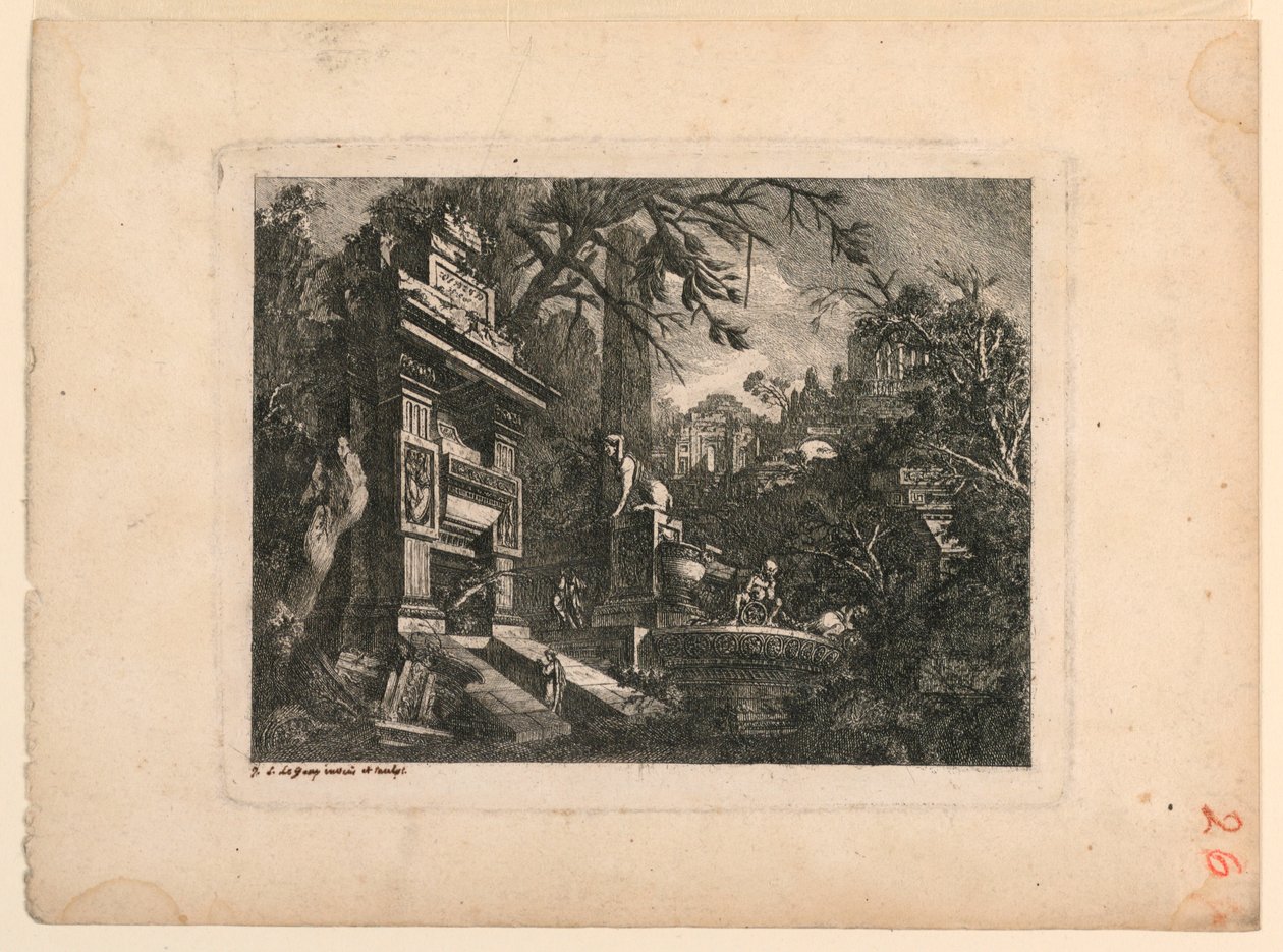 Architektonische Fantasie mit Grab und Ruinen, Platte aus "Rovine Inventione de Giovan. Loren, Legeay Architet. Intagliate da lui stesso in Luce 1768" von Jean Laurent Legeay