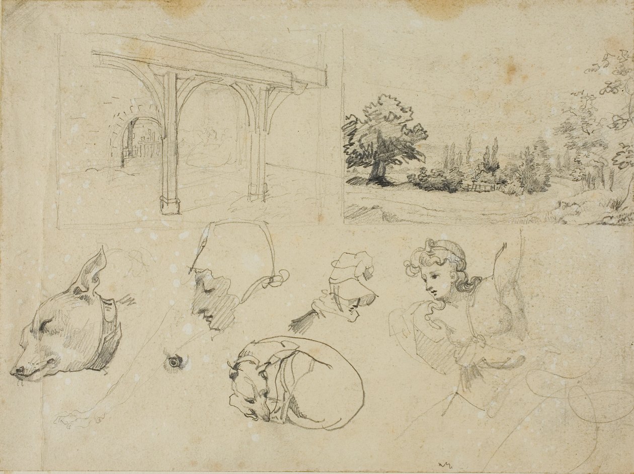 Skizzen eines Schuppens, einer Landschaft, Hunde und verschiedene Figuren von Jean Louis André Théodore Géricault