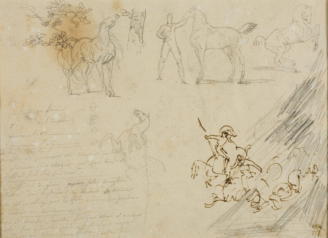 Skizzen von Pferden, Pferdepfleger hält Pferd, eine Kavallerieschlacht von Jean Louis André Théodore Géricault