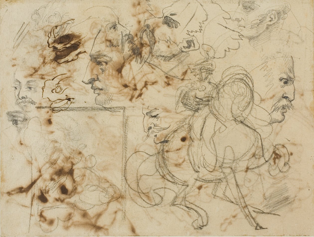 Skizzen von Männergesichtern, Pferdeschnauzen und berittenen Soldaten von Jean Louis André Théodore Géricault