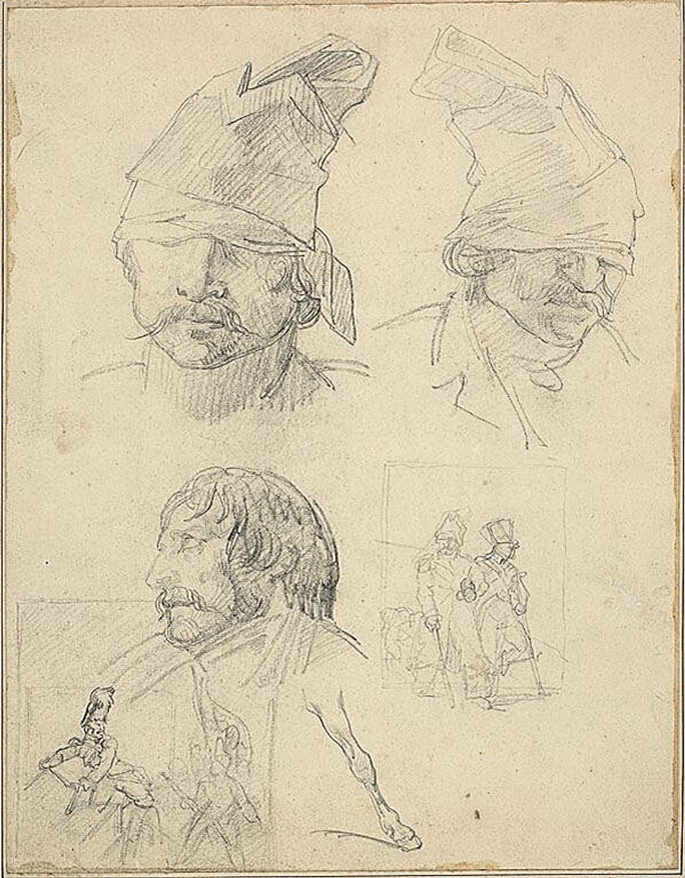 Studien von Köpfen und zwei Kompositionsstudien von Jean Louis André Théodore Géricault