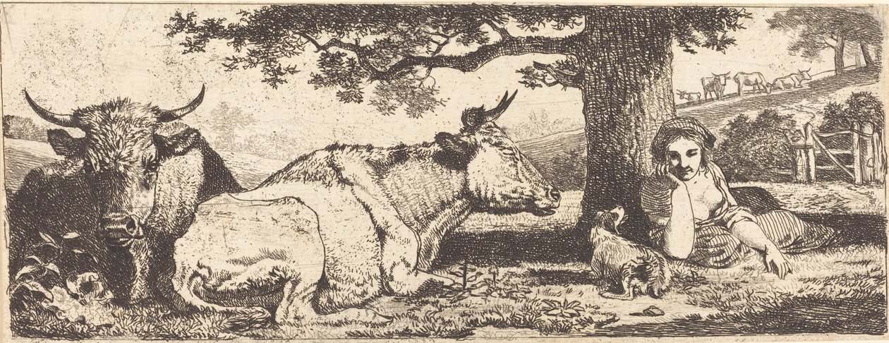 Zwei Kühe und eine liegende Frau von Jean Louis Demarne