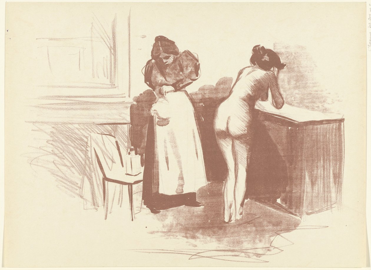 Nackte Frau wäscht sich und Dienerin steht neben ihr von Jean Louis Forain