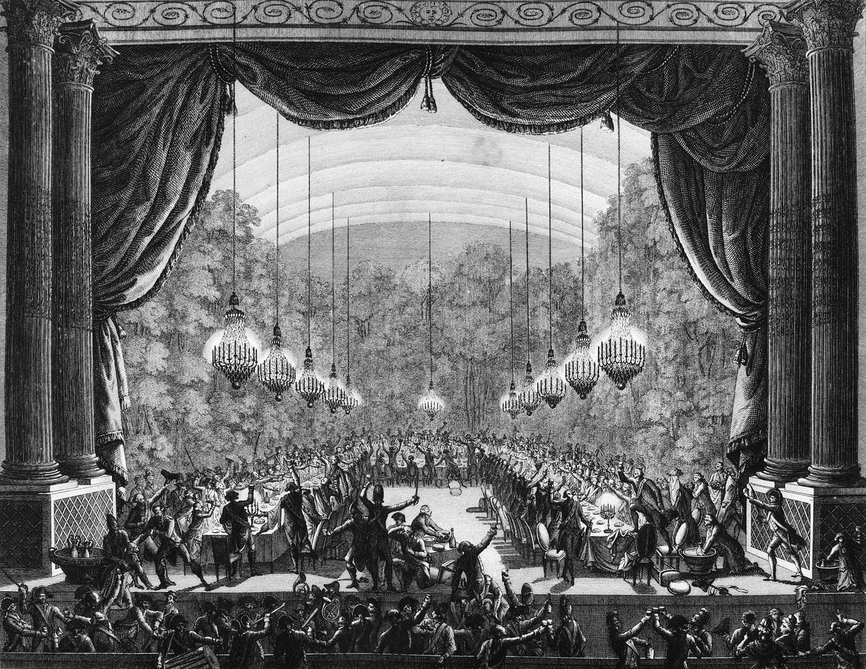 Französische Revolution: Bankett der Leibwächter am 1. Oktober 1789 im Opernsaal des Schlosses von Versailles zur Feier der Ankunft ihrer Kameraden aus dem Regiment von Flandern. Gravur von Berthaut nach Prior. Paris, Bibliothek des Instituts für Revolut von Jean Louis II (after) Prieur