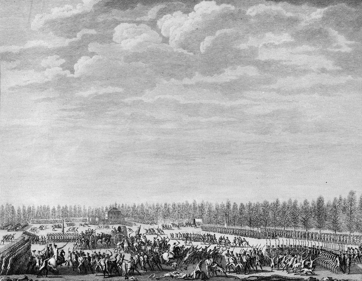 Französische Revolution: Gilbert du Motier, Marquis de la Fayette (1757-1834) ließ zweihundert Soldaten wegen Disziplinlosigkeit am 12. Januar 1790 auf den Champs Elysees in Paris entwaffnen. Gravur von Berthaut nach Prior. von Jean Louis II (after) Prieur