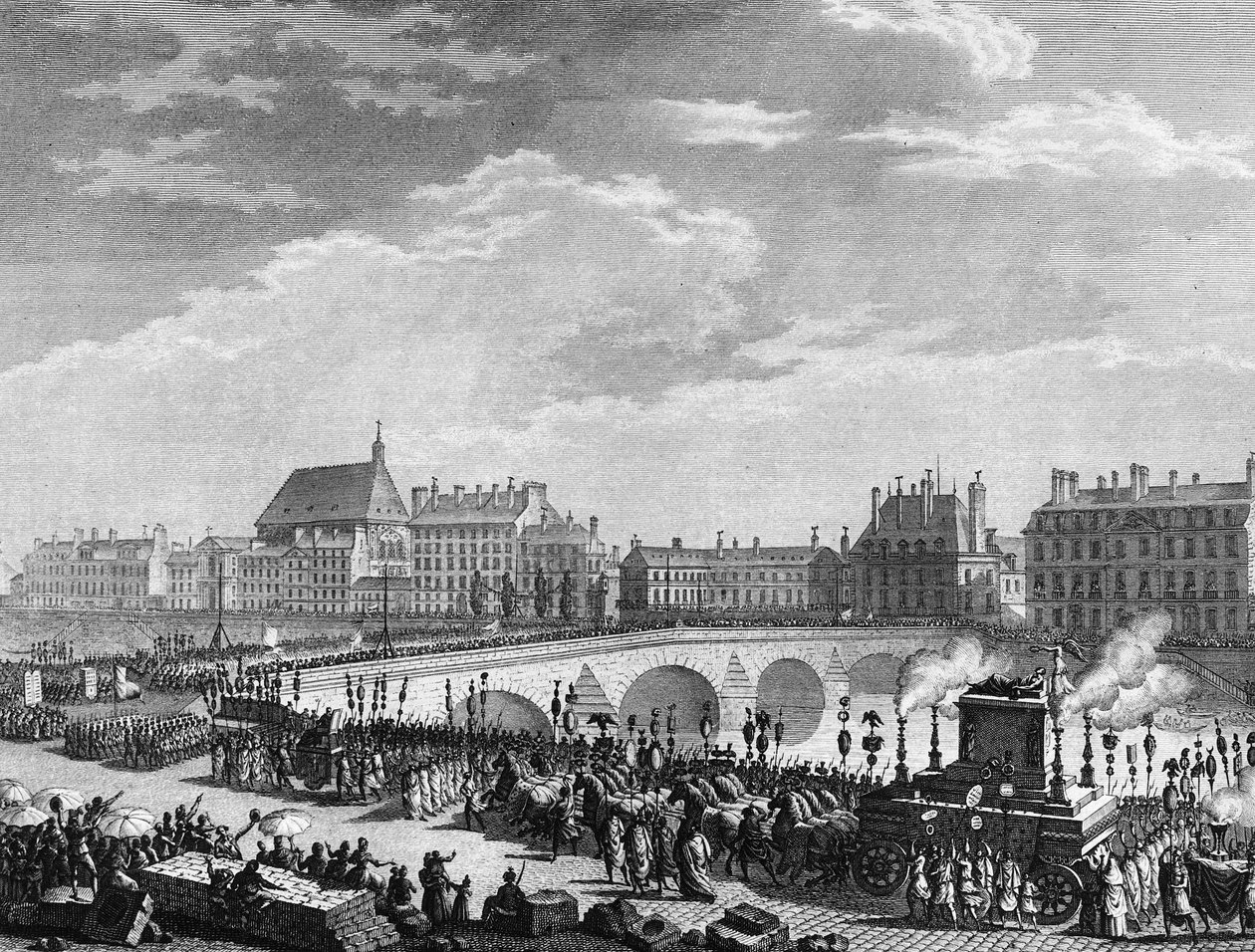 Französische Revolution: Triumph von François Marie Arouet, genannt Voltaire, am 11. Juli 1791. Gravur von Berthaut nach Prieur von Jean Louis II (after) Prieur
