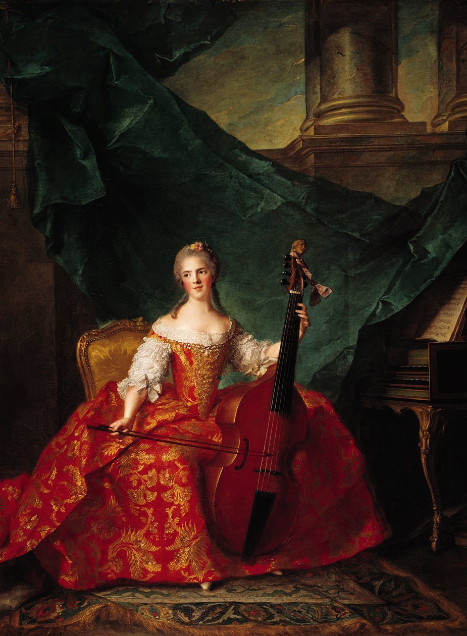 Madame Henriette de France im Hofkostüm spielt eine Bassgambe, 1754 von Jean Marc Nattier