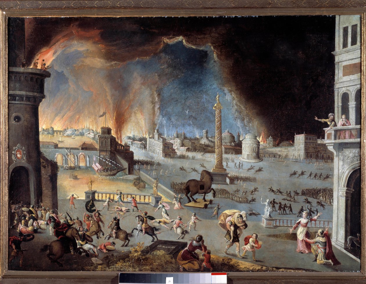 Die Eroberung von Troja. Szene des Trojanischen Krieges, die Stadt wird von den Griechen verwüstet, die dank des Pferdes in die Stadt eindringen konnten. von Jean Maublanc