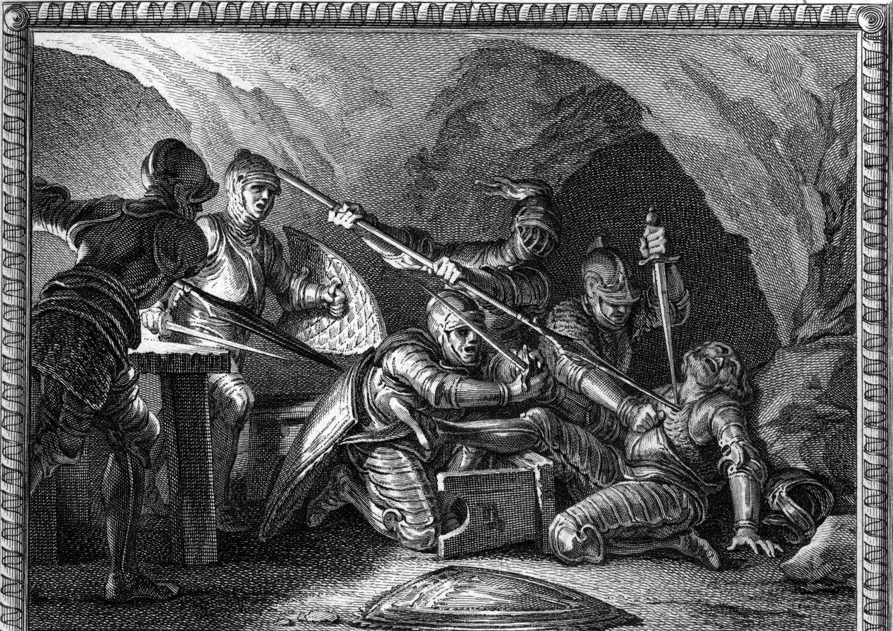 Ermordung von Waifre (oder Gaifier), Herzog von Aquitanien (767 oder 768). Gravur von Romanet nach Moreau le jeune (1779). von Jean Michel the Younger (after) Moreau
