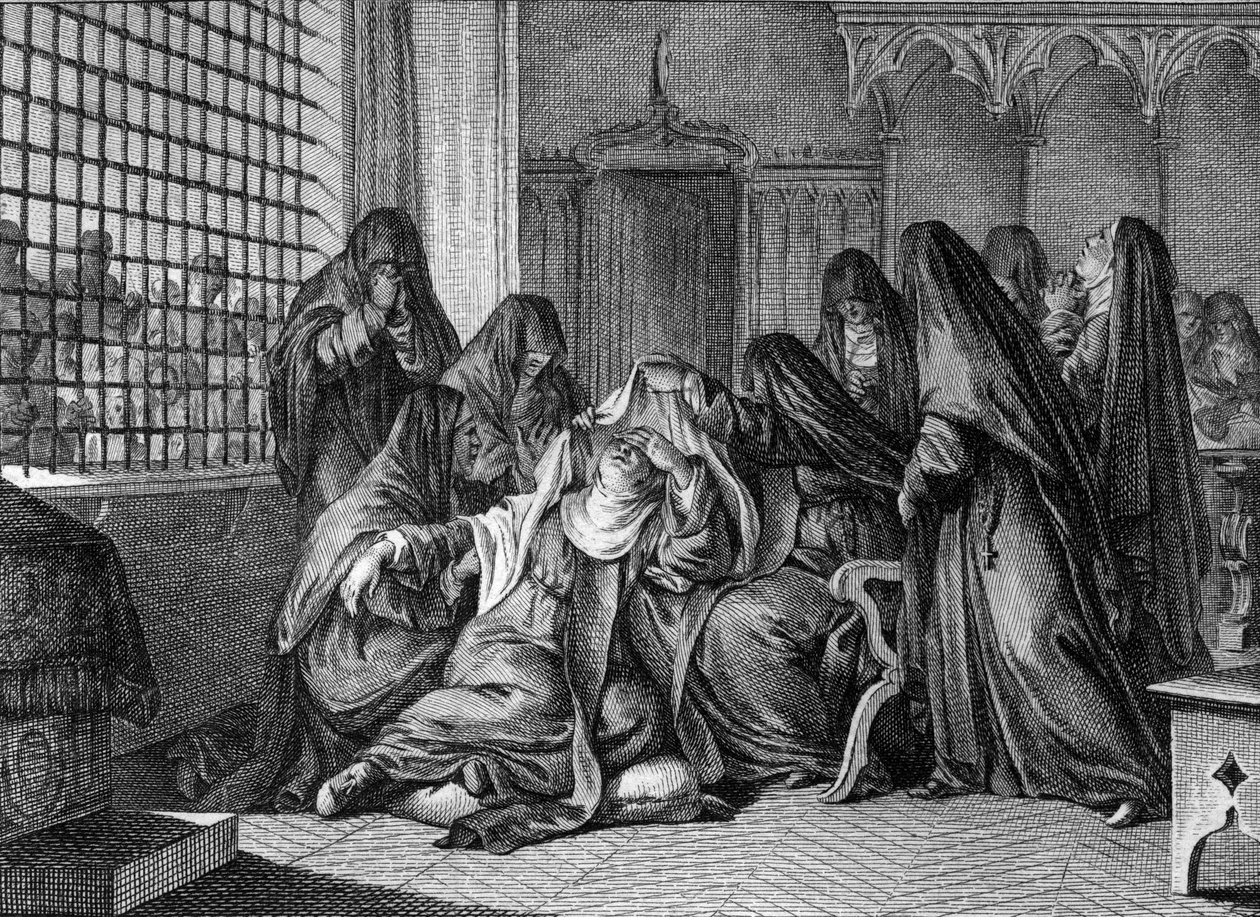 Abelard und Heloise: Heloise nimmt den Schleier in der Abtei der Frauen von Argenteuil. Gravur von Jean Michel Moreau, genannt Moreau le Jeune. von Jean Michel the Younger Moreau