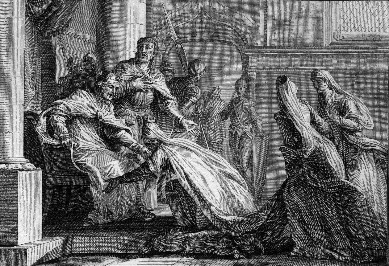 Emma von Frankreich (894-934), Schwester von Hugo dem Großen, verneigt sich zu ihren Füßen. Verheiratet mit Raoul von Burgund, entschied sie sich auf Wunsch ihres Bruders, die Krone Frankreichs ihrem Ehemann zu geben von Jean Michel the Younger Moreau