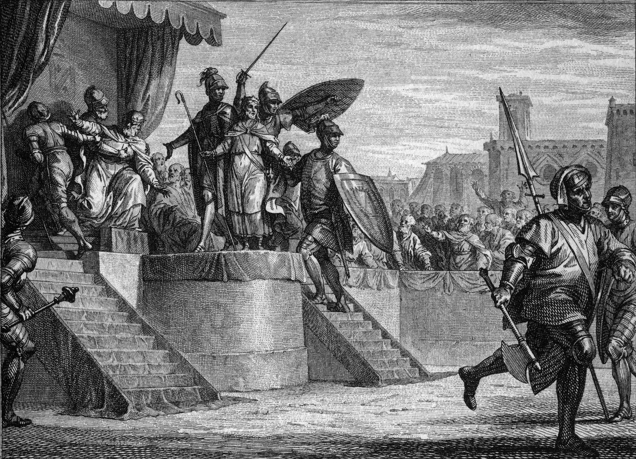 Ende der Merowinger-Dynastie, 751: Absetzung von König Childerich III. (ca. 714-754) durch Pippin den Kurzen (714-768). Gravur von Jean Michel Moreau, genannt Moreau le Jeune (1741-1814) von Jean Michel the Younger Moreau