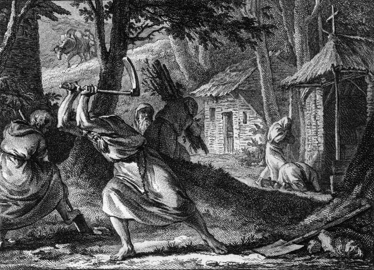 Eremiten, die in einer Gemeinschaft in einem französischen Wald leben, Ende des 11. bis Anfang des 12. Jahrhunderts. Gravur von Jean Michel Moreau, genannt Moreau le Jeune (1741-1814) von Jean Michel the Younger Moreau