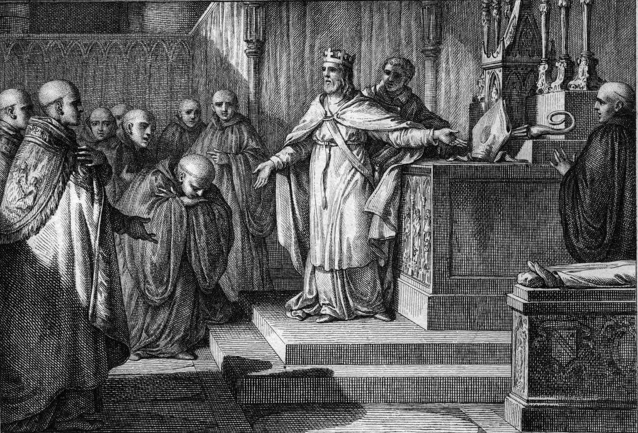 Hugues Capet stellte die kanonischen Wahlen wieder her: Der König der Franken erlaubte den Mönchen, ihre Äbte zu wählen, indem er einen Bischofsstab und eine Mitra auf einen Altar legte. Gravur von Jean Michel Moreau, genannt Moreau le Jeune. von Jean Michel the Younger Moreau